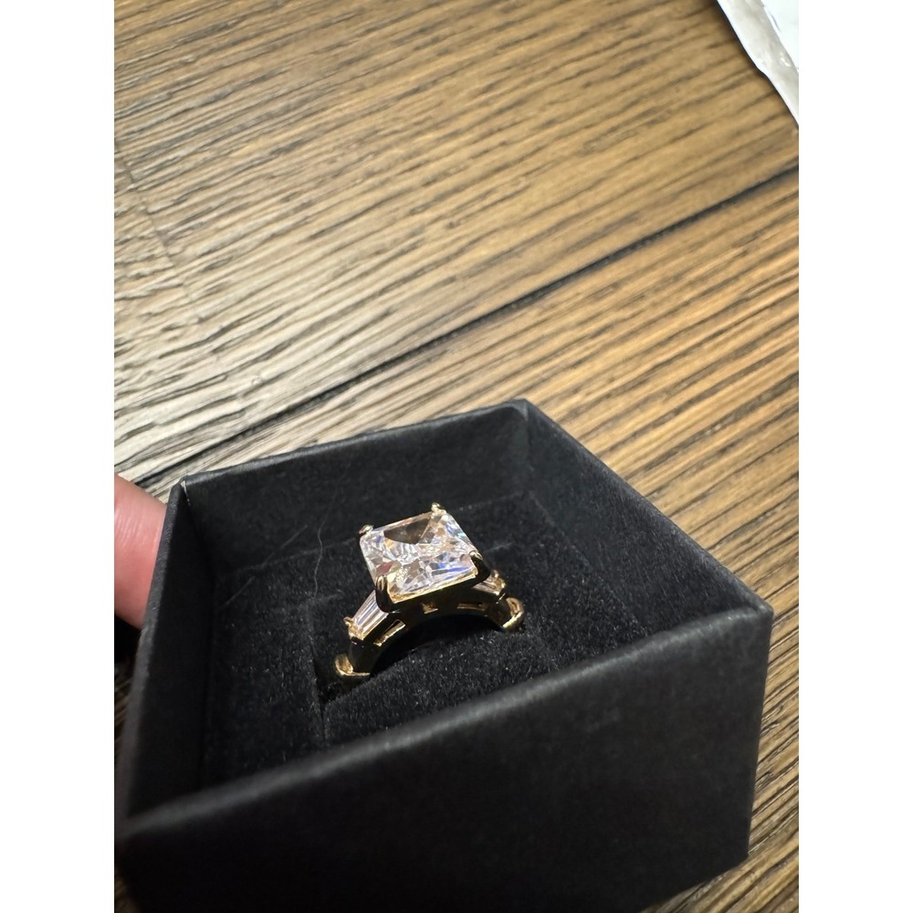 Gold Plated Emerald Cut Cubic Zirconia CZ Three Stone Ring Size 6